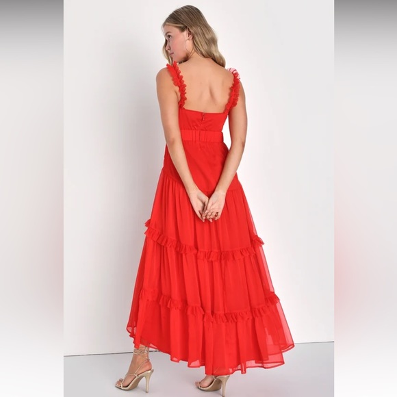 - Lulu’s Always A Dreamer Red Chiffon Tiered High-Low Dress Sz: M - Picture 4 of 13